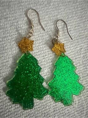 Green Glitter Christmas Tree Dangle Earrings with Gold Stars